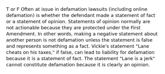 T or F Often at issue in defamation lawsuits (including online defamation) is whether the defendant made a statement of fact or a statement of opinion. Statements of opinion normally are not actionable because they are protected under the First Amendment. In other words, making a negative statement about another person is not defamation unless the statement is false and represents something as a fact. Vickie's statement "Lane cheats on his taxes," if false, can lead to liability for defamation because it is a statement of fact. The statement "Lane is a jerk" cannot constitute defamation because it is clearly an opinion.