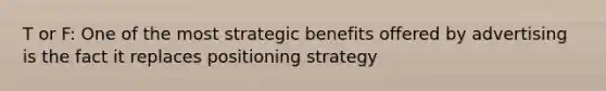 T or F: One of the most strategic benefits offered by advertising is the fact it replaces positioning strategy