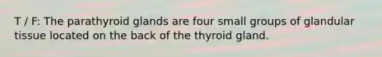 T / F: The parathyroid glands are four small groups of glandular tissue located on the back of the thyroid gland.