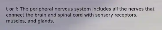t or f: The peripheral nervous system includes all the nerves that connect the brain and spinal cord with sensory receptors, muscles, and glands.​