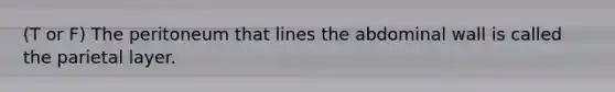 (T or F) The peritoneum that lines the abdominal wall is called the parietal layer.