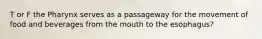 T or F the Pharynx serves as a passageway for the movement of food and beverages from the mouth to the esophagus?