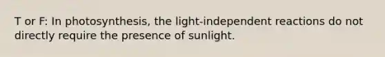 T or F: In photosynthesis, the light-independent reactions do not directly require the presence of sunlight.