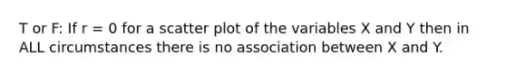 T or F: If r = 0 for a <a href='https://www.questionai.com/knowledge/kHey83DSAQ-scatter-plot' class='anchor-knowledge'>scatter plot</a> of the variables X and Y then in ALL circumstances there is no association between X and Y.