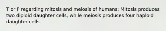 T or F regarding mitosis and meiosis of humans: Mitosis produces two diploid daughter cells, while meiosis produces four haploid daughter cells.