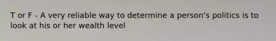 T or F - A very reliable way to determine a person's politics is to look at his or her wealth level