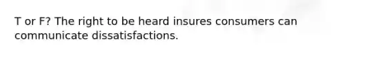 T or F? The right to be heard insures consumers can communicate dissatisfactions.
