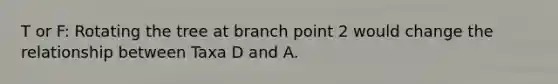 T or F: Rotating the tree at branch point 2 would change the relationship between Taxa D and A.