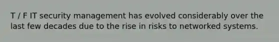 T / F IT security management has evolved considerably over the last few decades due to the rise in risks to networked systems.