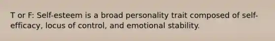 T or F: Self-esteem is a broad personality trait composed of self-efficacy, locus of control, and emotional stability.