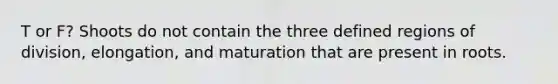 T or F? Shoots do not contain the three defined regions of division, elongation, and maturation that are present in roots.