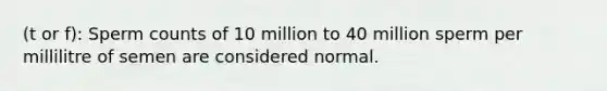 (t or f): Sperm counts of 10 million to 40 million sperm per millilitre of semen are considered normal.