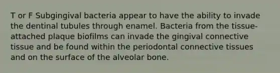 T or F Subgingival bacteria appear to have the ability to invade the dentinal tubules through enamel. Bacteria from the tissue-attached plaque biofilms can invade the gingival connective tissue and be found within the periodontal connective tissues and on the surface of the alveolar bone.