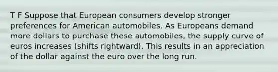 T F Suppose that European consumers develop stronger preferences for American automobiles. As Europeans demand more dollars to purchase these automobiles, the supply curve of euros increases (shifts rightward). This results in an appreciation of the dollar against the euro over the long run.