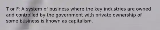 T or F: A system of business where the key industries are owned and controlled by the government with private ownership of some business is known as capitalism.