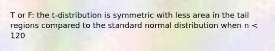 T or F: the t-distribution is symmetric with less area in the tail regions compared to the standard normal distribution when n < 120