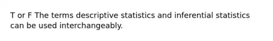 T or F The terms <a href='https://www.questionai.com/knowledge/kRTZ1WGkcp-descriptive-statistics' class='anchor-knowledge'>descriptive statistics</a> and <a href='https://www.questionai.com/knowledge/k2VaKZmkPW-inferential-statistics' class='anchor-knowledge'>inferential statistics</a> can be used interchangeably.