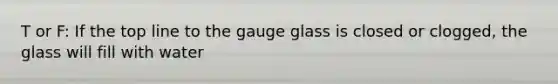 T or F: If the top line to the gauge glass is closed or clogged, the glass will fill with water