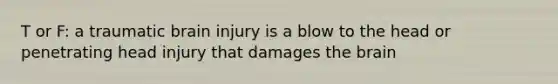 T or F: a traumatic brain injury is a blow to the head or penetrating head injury that damages the brain