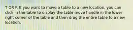 T OR F. If you want to move a table to a new location, you can click in the table to display the table move handle in the lower-right corner of the table and then drag the entire table to a new location.