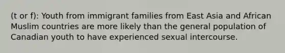 (t or f): Youth from immigrant families from East Asia and African Muslim countries are more likely than the general population of Canadian youth to have experienced sexual intercourse.