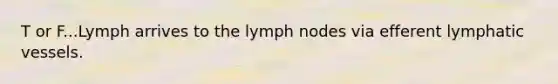 T or F...Lymph arrives to the lymph nodes via efferent <a href='https://www.questionai.com/knowledge/ki6sUebkzn-lymphatic-vessels' class='anchor-knowledge'>lymphatic vessels</a>.