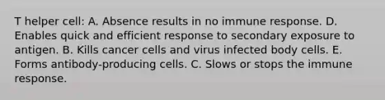 T helper cell: A. Absence results in no immune response. D. Enables quick and efficient response to secondary exposure to antigen. B. Kills cancer cells and virus infected body cells. E. Forms antibody-producing cells. C. Slows or stops the immune response.