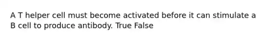 A T helper cell must become activated before it can stimulate a B cell to produce antibody. True False