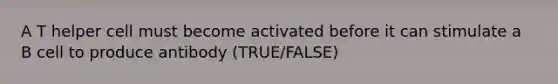 A T helper cell must become activated before it can stimulate a B cell to produce antibody (TRUE/FALSE)