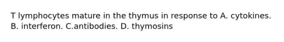 T lymphocytes mature in the thymus in response to A. cytokines. B. interferon. C.antibodies. D. thymosins