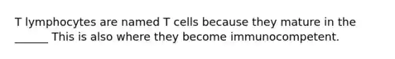 T lymphocytes are named T cells because they mature in the ______ This is also where they become immunocompetent.