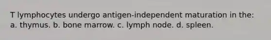 T lymphocytes undergo antigen-independent maturation in the: a. thymus. b. bone marrow. c. lymph node. d. spleen.