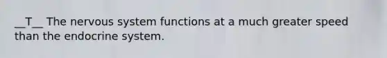 __T__ The <a href='https://www.questionai.com/knowledge/kThdVqrsqy-nervous-system' class='anchor-knowledge'>nervous system</a> functions at a much greater speed than the endocrine system.