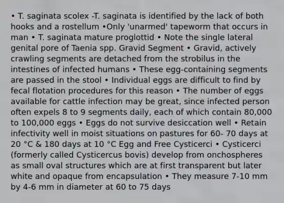 • T. saginata scolex -T. saginata is identified by the lack of both hooks and a rostellum •Only 'unarmed' tapeworm that occurs in man • T. saginata mature proglottid • Note the single lateral genital pore of Taenia spp. Gravid Segment • Gravid, actively crawling segments are detached from the strobilus in the intestines of infected humans • These egg-containing segments are passed in the stool • Individual eggs are difficult to find by fecal flotation procedures for this reason • The number of eggs available for cattle infection may be great, since infected person often expels 8 to 9 segments daily, each of which contain 80,000 to 100,000 eggs • Eggs do not survive desiccation well • Retain infectivity well in moist situations on pastures for 60- 70 days at 20 °C & 180 days at 10 °C Egg and Free Cysticerci • Cysticerci (formerly called Cysticercus bovis) develop from onchospheres as small oval structures which are at first transparent but later white and opaque from encapsulation • They measure 7-10 mm by 4-6 mm in diameter at 60 to 75 days