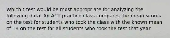 Which t test would be most appropriate for analyzing the following data: An ACT practice class compares the mean scores on the test for students who took the class with the known mean of 18 on the test for all students who took the test that year.