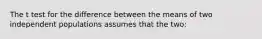 The t test for the difference between the means of two independent populations assumes that the two: