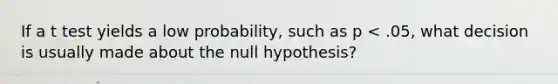 If a t test yields a low probability, such as p < .05, what decision is usually made about the null hypothesis?