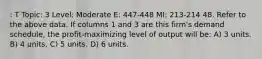 : T Topic: 3 Level: Moderate E: 447-448 MI: 213-214 48. Refer to the above data. If columns 1 and 3 are this firm's demand schedule, the profit-maximizing level of output will be: A) 3 units. B) 4 units. C) 5 units. D) 6 units.