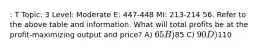 : T Topic: 3 Level: Moderate E: 447-448 MI: 213-214 56. Refer to the above table and information. What will total profits be at the profit-maximizing output and price? A) 65 B)85 C) 90 D)110