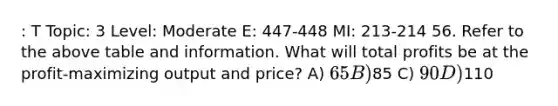 : T Topic: 3 Level: Moderate E: 447-448 MI: 213-214 56. Refer to the above table and information. What will total profits be at the profit-maximizing output and price? A) 65 B)85 C) 90 D)110