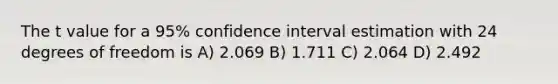 The t value for a 95% confidence interval estimation with 24 degrees of freedom is A) 2.069 B) 1.711 C) 2.064 D) 2.492