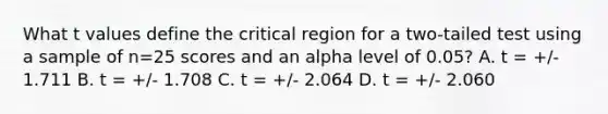 What t values define the critical region for a two-tailed test using a sample of n=25 scores and an alpha level of 0.05? A. t = +/- 1.711 B. t = +/- 1.708 C. t = +/- 2.064 D. t = +/- 2.060