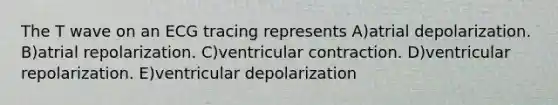 The T wave on an ECG tracing represents A)atrial depolarization. B)atrial repolarization. C)ventricular contraction. D)ventricular repolarization. E)ventricular depolarization