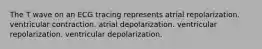 The T wave on an ECG tracing represents atrial repolarization. ventricular contraction. atrial depolarization. ventricular repolarization. ventricular depolarization.