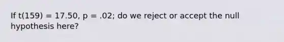 If t(159) = 17.50, p = .02; do we reject or accept the null hypothesis here?