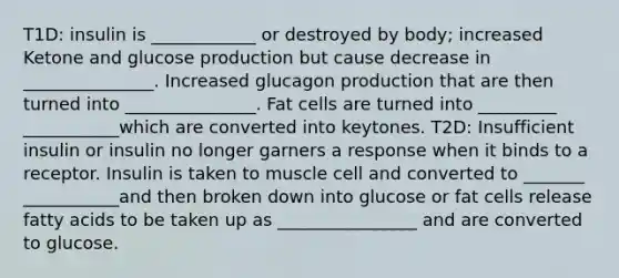 T1D: insulin is ____________ or destroyed by body; increased Ketone and glucose production but cause decrease in _______________. Increased glucagon production that are then turned into _______________. Fat cells are turned into _________ ___________which are converted into keytones. T2D: Insufficient insulin or insulin no longer garners a response when it binds to a receptor. Insulin is taken to muscle cell and converted to _______ ___________and then broken down into glucose or fat cells release fatty acids to be taken up as ________________ and are converted to glucose.