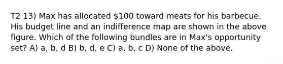 T2 13) Max has allocated 100 toward meats for his barbecue. His budget line and an indifference map are shown in the above figure. Which of the following bundles are in Max's opportunity set? A) a, b, d B) b, d, e C) a, b, c D) None of the above.