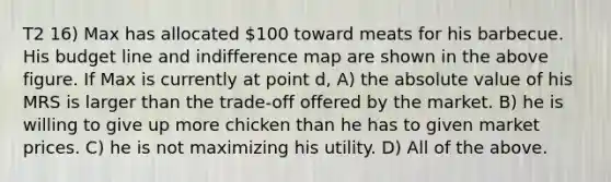 T2 16) Max has allocated 100 toward meats for his barbecue. His budget line and indifference map are shown in the above figure. If Max is currently at point d, A) the absolute value of his MRS is larger than the trade-off offered by the market. B) he is willing to give up more chicken than he has to given market prices. C) he is not maximizing his utility. D) All of the above.