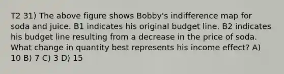 T2 31) The above figure shows Bobby's indifference map for soda and juice. B1 indicates his original budget line. B2 indicates his budget line resulting from a decrease in the price of soda. What change in quantity best represents his income effect? A) 10 B) 7 C) 3 D) 15