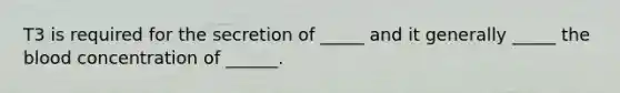 T3 is required for the secretion of _____ and it generally _____ the blood concentration of ______.